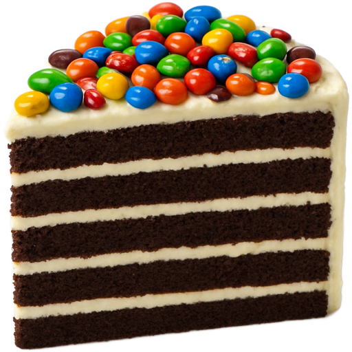 A crisp clean decadent 7 layer Belgium slice of chocolate cake with vanilla icing and a hole lot of mini M&M’s on the top and it has to be a slice of cake on a clean plate