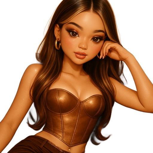 luxury glossy bratz-anime romantic aesthetic, warm cinematic glow, crisp clean detail, glossy glam skin. petite girl, warm soft-autumn tone, fair skin, honey-brown almond eyes, soft freckles, warm toasty glam makeup, glossy nude lips, flutter lashes, sweet Belle-princess vibe, long brunette honey balayage hair with visible light honey blonde highlights, satin bronze corset with sweetheart neckline, low-rise chocolate pants, gold body chain draped at the waist; honey-straight hair tucked behind one ear; caramel glossy lips, bronze shimmer lids; chunky hoops, french-tip nails; reclining on velvet couch, pop-princess energy, shimmer highlight, sparkly glow