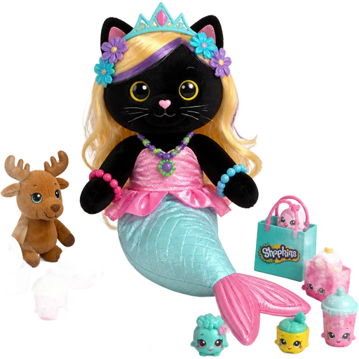 black cat with light yellow hair purple and blue flowers light cyan crown purple and green necklace pink and blue bracelets pink dress attached to long light cyan mermaid tail with pink tail fins moose toys shopkins shoppets