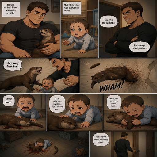 A DETAILED AND LIFELIKE LONG ANIME Comic Book story view of a Bulky but Muscular ANIME Cute Bara Man With Peach toned skin Who looks Normal aind round facial Structure and Basic facial structure With Puffy and Big Pecs that are visible through the shirt and Biceps and Bandaid on his nose and Brown short hair that makes them look tough. Wearing normal With his pet Grown and healthy realistic otter. And had a brother infant baby And the otter sticks up for the baby and then flies to the wall from him and lays there and the otter looses his tail In discipline for defending him. And the baby watches everyhting crying and trying to help but isn’t strong enough and to small and the Brother hated them both the whole time and the otter didn’t wake up and the baby huged the otter and the baby can‘t speak the good English