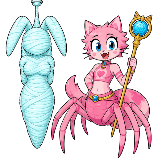 wrapped up and mummified fully covered in a #B8FFFF spider slik cocoon shaped like anthro female rabbit anthro arms behind back with #B8FFFF spider slik wrappings completely covered with thick layers non-transparent #B8FFFF spider slik wrappings based on cream the rabbit hanging on ceiling on left next to an anthro femboy pink cat drider hybrid holding a golden staff with a blue web gem smiling based on unikitty