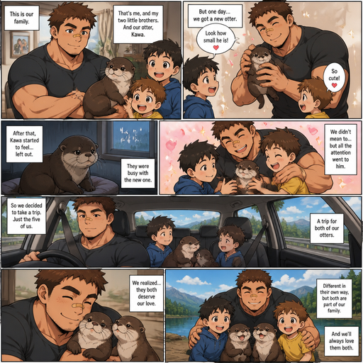 A DETAILED AND LIFELIKE ANIME Comic Book story view of a Bulky but Muscular ANIME Cute Bara Man With Peach toned skin Who looks Normal aind round facial Structure and Basic facial structure With Puffy and Big Pecs that are visible through the shirt and Biceps and Bandaid on his nose and Brown short hair that makes them look tough. Wearing normal With his pet Grown and healthy realistic otter and 2 little brothers that are in different ages but young. And they Got another otter and the original otter got neglected. And the otters go on a trip in the car and both are loved