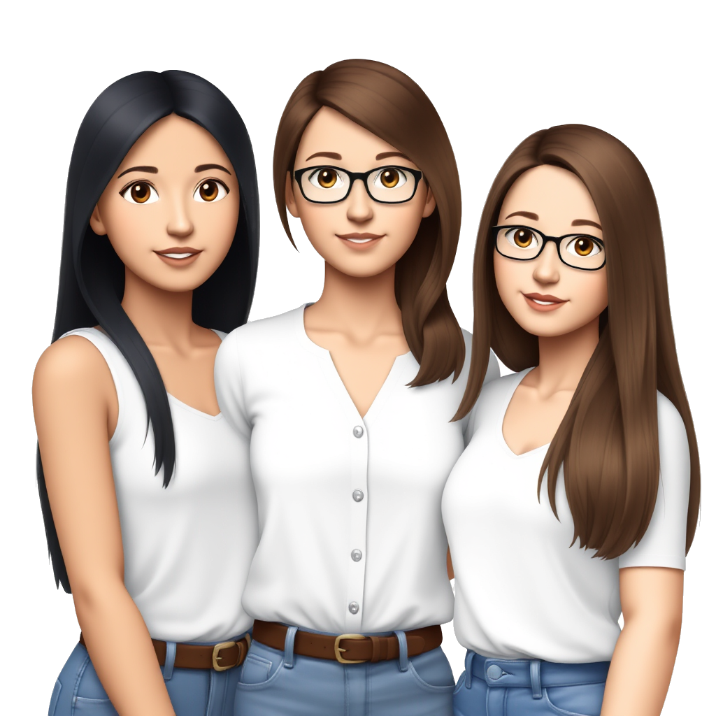 He made me three beautiful friends, the first is light-skinned and has long black hair, the second is brunette, she has medium-length brown hair and wears glasses, and the third is light-skinned and has long brown hair