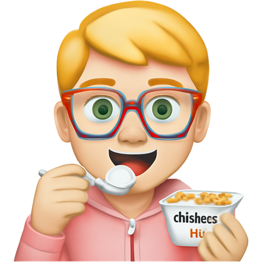 Boy with white skin, green eyes, blonde hair, colorful glasses, light pink jacket, loves to eat chobani flip yogurt