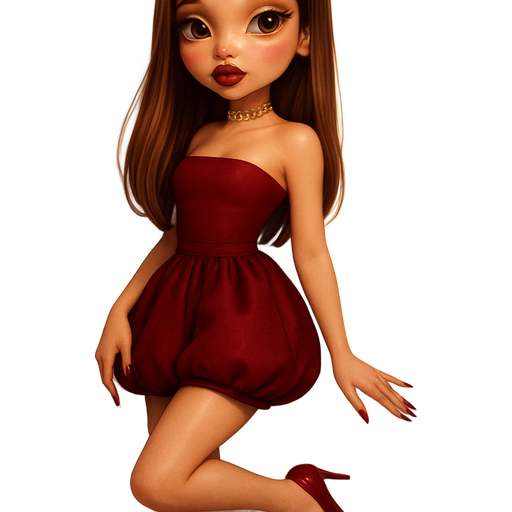 sleek cartoon luxury glam, mini plush Bratz-doll aesthetic, cinematic glow, crisp clean detail, glossy glam skin. brown eyed skinny Petite girl, fair skin with soft freckles, wide face with tall forehead, honey-brown almond wide-set upturned eyes, fluttery lashes, shimmer highlight, plush lips, bottom heavy lip, sweet Belle-princess vibe, medium-long brunette hair with visible caramel highlights, hair sleek and softly straight side part falling over face. softly defined feminine body, soft hourglass shape with full round bust, cropped burgundy tube top ending slightly below waist, burgundy puffy bubble mini skirt, sleek burgundy pointy stilettos. peachy-pink blush with shimmer highlight, burgundy lips, sleek burgundy almond nails, gold jewel pattern choker. leaning on wall, knee bent pose. full body showing. Cozy romantic glow, soft warm lighting, pop-princess energy