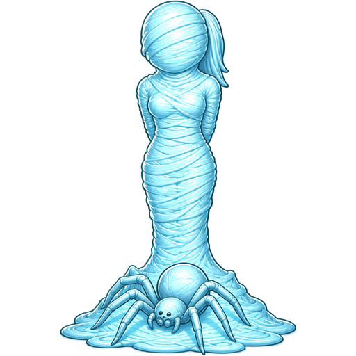 mummified fully covered in a #B8FFFF spider slik cocoon shaped like girl arms behind back with #B8FFFF spider slik wrappings completely covered with thick layers non-transparent #B8FFFF spider slik wrappings by it's feet with large #B8FFFF spider slik