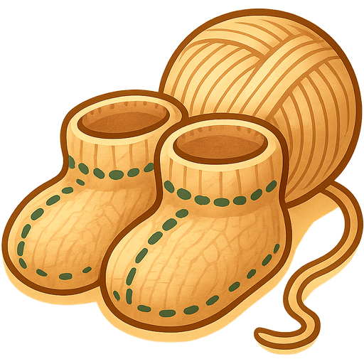 cute magical mom emoji object, tiny knitted baby booties, beige yarn, deep green stitching, blue magical sparkles, warm glow, cute cozy design, transparent background