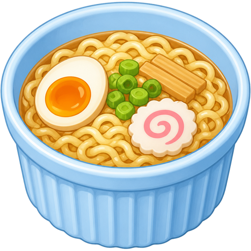 ghibli style | color #82CAFF ceramic ramekin | ramen noodles inside ramekin | view: high-angle + front center + close-up