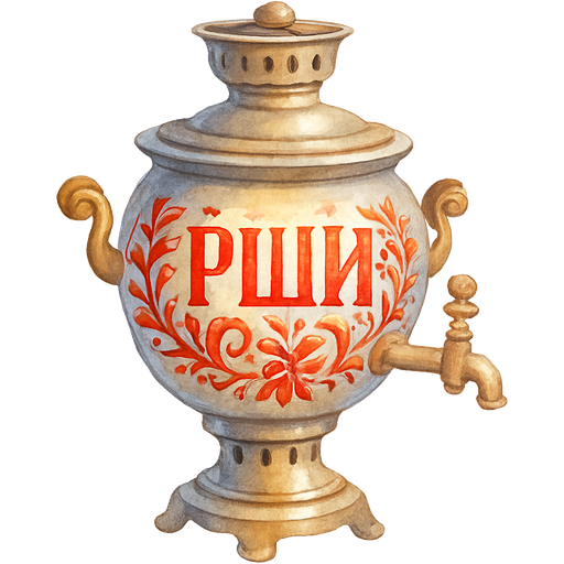 Серебряный самовар закипает, на самоваре написано РШИ с русскими узорами, из носика вылетают сердечки