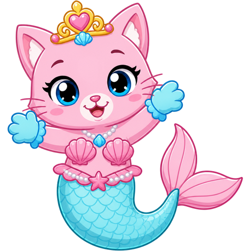 pink cat with light cyan mermaid tail with pink fins blue hands mermaid princess cute clipart cartoon style