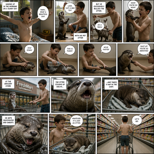 A Long COMIC BOOK and shows the otter story Waking up in the morning on a Sunny day and no cin pajamas and his pet otter but Excessively bully’s the otter. in the grocery store and the Otter coughs up Saliva and takes a nap in the cart and gets dehydrated and sweaty. But he