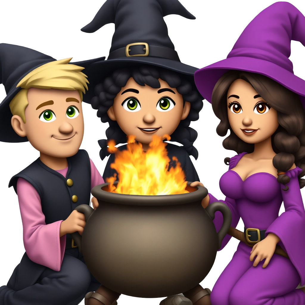 three witches around a flaming cauldron, one is a man with strawberry blonde short hair wearing pink with green eyes, one is a tan girl with black curly hair wearing black, one is a busty brunette girl with brown eyes and long wavy hair wearing purple
