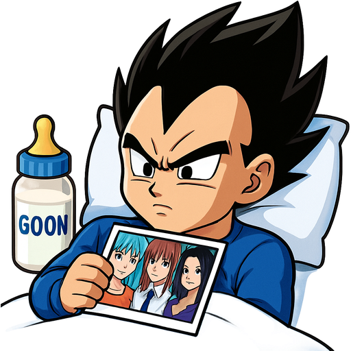 Vegeta laying in bed with a bottle of milk next to him that has a label that says goon and he’s looking at a picture of bulma and makima and Nico robin and nami and boa