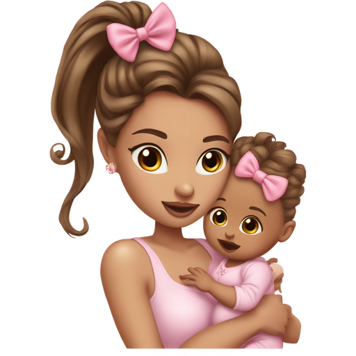 Beautiful white lady brown hair with high ponytail and pink bow on top , , nude lipstick holding newborn baby,pink top