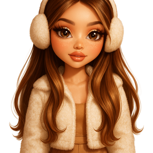 luxury glossy bratz-anime romantic aesthetic, warm cinematic glow, crisp clean detail, glossy glam skin. petite girl, warm soft-autumn tone, fair skin, honey-brown almond eyes, soft freckles, warm toasty glam makeup, glossy nude lips, flutter lashes, sweet Belle-princess vibe, very long brunette honey balayage hair with visible light honey blonde highlights, face-framing layers, straight with curved ends high shine, white teddy jacket, mini pleated skirt, earmuffs, pop-princess energy, shimmer highlight, sparkly glow