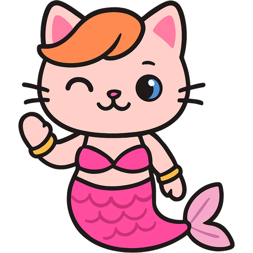 a light pink cat with orange eye blue eye smile #F88379 hair golden bracelets #FFB6C1 top bikini #FF69B4 mermaid tail with #F8C8DC tail fins