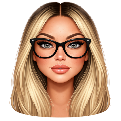 40 year old baddie with slightly full lips a slight bumpy nose round face cheek bones with freckles almond shaped gray colored eyes lashes nose stud fair skin with freckles across nose with very long straight blonde hair and dark roots parted in the middle serious and large black glasses