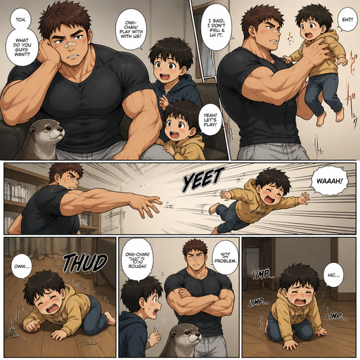 A DETAILED AND LIFELIKE ANIME Comic Book story view of a Bulky but Muscular ANIME Cute Bara Man With Peach toned skin Who looks Normal aind round facial Structure and Basic facial structure With Puffy and Big Pecs that are visible through the shirt and Biceps and Bandaid on his nose and Brown short hair that makes them look tough. Wearing normal With his pet Grown and healthy realistic otter and 2 little brothers that are in different ages but young. And he doesn‘t like them and big brother picks the little brother up and The little brother fly’s to the floor and limps away