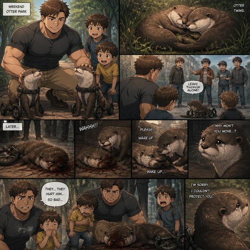 A DETAILED AND LIFELIKE ANIME Comic Book story view of a Bulky but Muscular ANIME Cute Bara Man With Peach toned skin Who looks Normal aind round facial Structure and Basic facial structure With Puffy and Big Pecs that are visible through the shirt and Biceps and Bandaid on his nose and Brown Short and Strait hair. Wearing normal With his pet Grown and long and HEALTHY, CUTE AND REALISTIC OTTERS in Dog Wheel Chairs and 2 little brothers that are in different ages but young. And they See twin ottercuddle with them. One of the Brother’s otter got excessively bullied. And Lays there after bullied by the human Brother’s. And his the otter’s twin cried over his body, and nudged to see if he would move. And the twin tries to roll with the Brothers but the otter’s twin Looks back in at his brother sadness