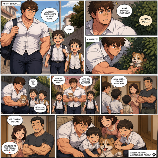 A Full Body Comic Book story view of a Bulky but Muscular ANIME Cute Bara Man With Peach toned skin Who looks Normal and round facial Structure and Basic facial structure With Puffy and Big Pecs that are visible through the shirt and Biceps and Bandaid on his nose and Brown Fluffy and Strait hair. Wearing a baggy school uniform. After school walking home and walking his brothers and the oldest hears a cute puppy dog stuck in a bush and the oldest saves the dog and they walk home and ask mom and dad to if they can keep and they says yes
