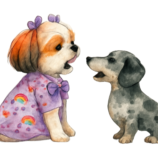 Hazme una perrita shihtzu con pelaje blanco con café, monitos en la cabeza lila, orejas cafés claras y en la punta café oscuras, con un vestido lila que tenga estampado de arcoíris pequeños con nubes al final y corazones rosados pequeños en todo el vestido y en la cintura un mono morado sentada en una perspectiva de lavo ladrándole a un perrito salchicha que tenga en frente que sea gris con manchitas negras y que ambos se vean completos