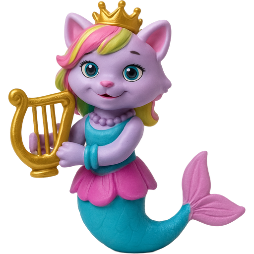 action figure version light purple anthro cat smiling with pink and green and yellow hair blue green eyes golden crown with light purple necklace light cyan braclets cyan and blue dress with pink skirt attached to long cyan mermaid tail with pink tail fins pink and cyan gloves holding a golden harp action figure version