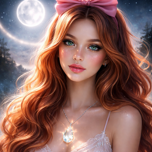 Make a beautiful pic from the Moon with a Moon halo and a Girly girl with red-gold Hair and a pink bow in the Hair and Beautiful Green eyes and a Chane with a a Mountain christal