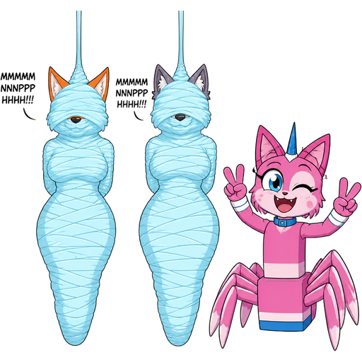 wrapped up and mummified fully covered in a #B8FFFF spider slik cocoon shaped like anthro female fox anthro arms behind back with #B8FFFF spider slik wrappings completely covered with thick layers non-transparent #B8FFFF spider slik wrappings hanged to the ceiling MMMMMNNNPPPHHH!!! on the left side next to wrapped up and mummified fully covered in a #B8FFFF spider slik cocoon shaped like anthro female wolf anthro arms behind back with #B8FFFF spider slik wrappings completely covered with thick layers non-transparent #B8FFFF spider slik wrappings hanged to the ceiling MMMMMNNNPPPHHH!!! on the left side next to happy anthro femboy pink cat drider doing victory sign based on unikitty