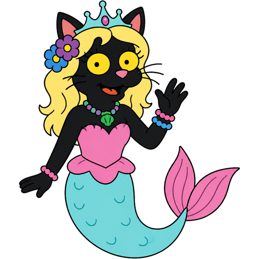 black cat furry with light yellow hair purple and blue flowers light cyan crown purple and green necklace pink and blue bracelets pink dress attached to long light cyan mermaid tail with pink tail fins the simpsons version