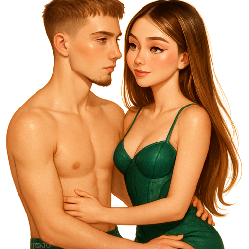 side view: sitting on his lap, flirty gaze: tall slender young man: oblong face shape with long pointed chin, nose: straight with medium-width, cheeks: high, soft, slightly hollow, eyes: light green almond shaped, close-set, downturned, long lashes, brows: thin straight slightly angled brows, golden light skin tone, lips: slightly full, soft pink, facial hair: thick chin goatee, hair dirty-blonde ash brown, textured crop haircut, youthful masculine serious expression, soft abs shirtless, emerald Calvin Klein boxers: semi-realistic luxury glossy bratz-romantic aesthetic, warm cinematic glow, crisp clean detail, glossy glam skin. petite girl, soft-autumn tone, fair skin, honey-brown almond eyes, soft freckles, round moderate bust, chubby upper arms, sweet Belle-princess vibe, long brunette honey balayage hair with visible honey blonde highlights, emerald ivy corset bralette with mesh side panels and forest-mist low-rise mini skirt, hair: sleek glossy straight, makeup: shimmer pop, pop-princess energy, shimmer highlight, sparkly glow