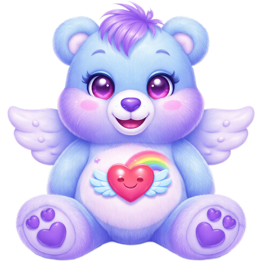 Dream Bright Sky Blue Care Bear with Ombré Lavender at the bottom of the head and lavender tufts of hair with lavender star-shaped blush also with Lavender Paws and Feet and Heart shaped Pupils in the eyes with a smiling red heart with blue wings and a Rainbow Following from behind the top of it on the stomach with a Purple Heart nose