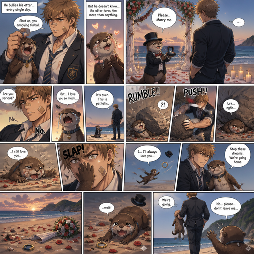 A Lifelike and Detailed Comic book story about of a Bulky and Beefy and every Muscle is bigger than average and less shredded or muscular with Chunky and Bulky chest and Biceps and his defined abs ANIME Cute Bara Man American 20 year old with a ROUND and BASIC facial structure and Young Adult BARA CUTE that is Peach Toned skin not anything else MALE not to detailed With bigger than average Pecs that are visible through the shirt and Biceps but slim and Athletic Lower body that makes have a V-Tapper Lower Body and a big Bandaid on his nose and Left Cheek and Right Eye brow with Scars all over his Chest and arms. Wearing a no piercings Wearing a baggy School Uniform and tie with Blazar and Pants and yellowish Brown Hair and Bright Light Brown fluffy Hair and Strait with brown eyes and black eyebrows with a Three finger Slash on his Eyebrow. With no Facial Hair.His Pet Otter that he excessively bullies that has a Collar and has a Huge Crush on him but he doesn’t like the otter back. And the otter one day dressed up re ly nice and with a top hat on creates a huge ceremony at the beach to marry him and he says no and the otter is throw at rock and a bolder falls and he pushes the rock down more and he looses. And then The otter calls him over and he goes to the otter and the otter says i still love you. And his hand flys across his face and he the is Silenced. And the otter flies into his pen and he picks him up and says stop these dreams we’re going home. And he leaves the hat and ring there. And the otter jumps from his grip and goes back to get the ring but then when he turns around goes to him he gets rejected