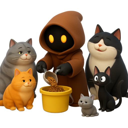 A cute Jawa is scooping cat food from a yellow bucket into a bowl of cat food. He is surrounded by a fat grey tabby cat, a fat orange cat, a large black and white cat, a skinny black cat, and a small solid gray cat