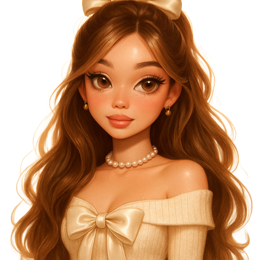 luxury glossy bratz-anime romantic aesthetic, warm cinematic glow, crisp clean detail, glossy glam skin. petite girl, soft-autumn tone, fair skin, honey-brown almond eyes, soft freckles, round moderate bust, sweet Belle-princess vibe, very long brunette honey balayage hair with visible light honey blonde highlights, cream off-shoulder knit + satin bow mini, mood: soft spoiled angel who will stomp if ignored, hair: delicate half up half down with ribbon bow and soft curls, makeup: rosy champagne glow blush draped high gloss lips long flirty lashes, jewelry: pearl choker tiny gold drop earrings thin bangles, pop-princess energy, shimmer highlight, sparkly glow