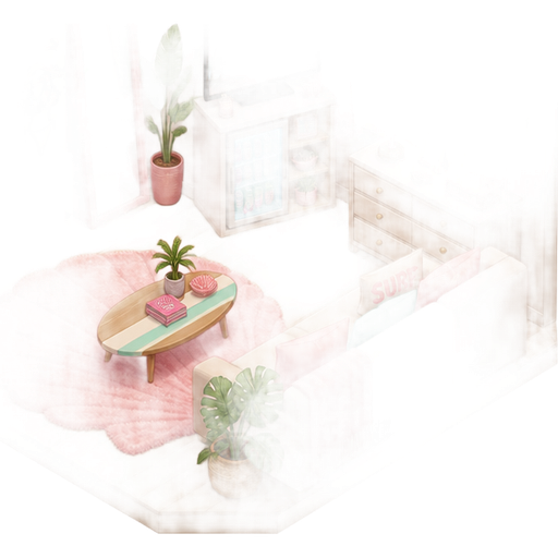 A nice beachy themed room with lots of bikinis in it mini fridge TV a big mirror and a window with pretty curtains