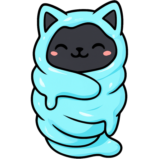 #B8FFFF slikworm cocooned pod black cat happy covered with #B8FFFF huge coating of #B8FFFF slik and huge #B8FFFF slik wrappings