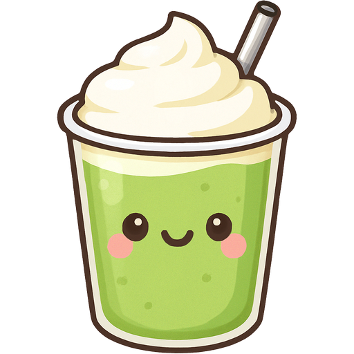 Cute Sage green matcha with white cold with a metal straw emoji, kawaii food character with face, delicious looking