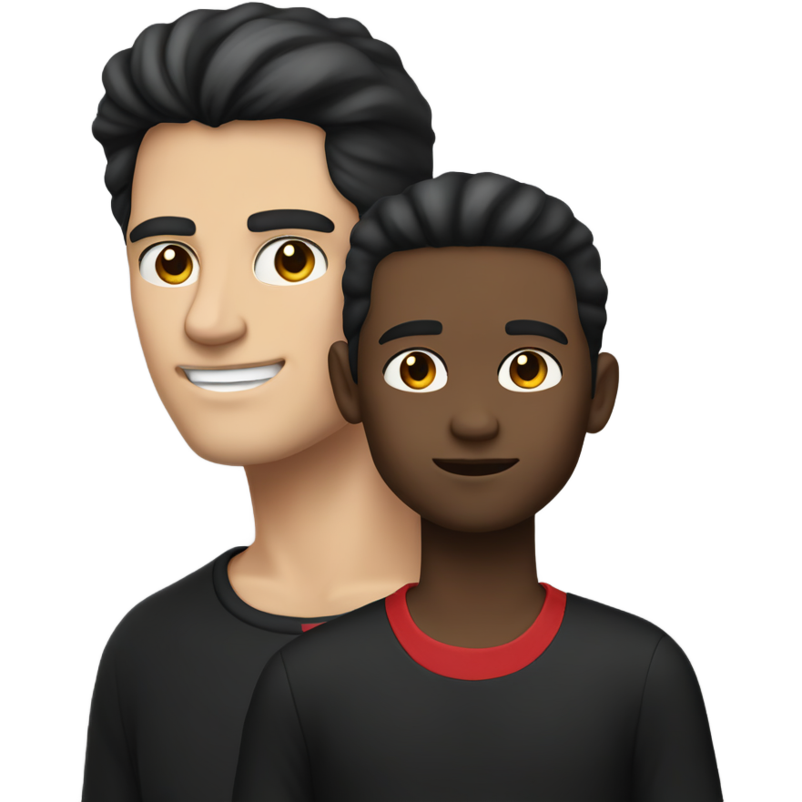make a father and son. white skin (both). they're using black and red clothes. straight black hair (both). only two guys.