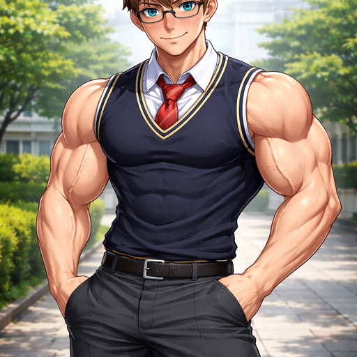 A Full Body Image of a Hunky and Muscular Guy with Brown Spiked hair and Blue eyes and with Chunky Arms and Pecs. Wearing A Sleeveless School Uniform. And wearing glasses. blushing