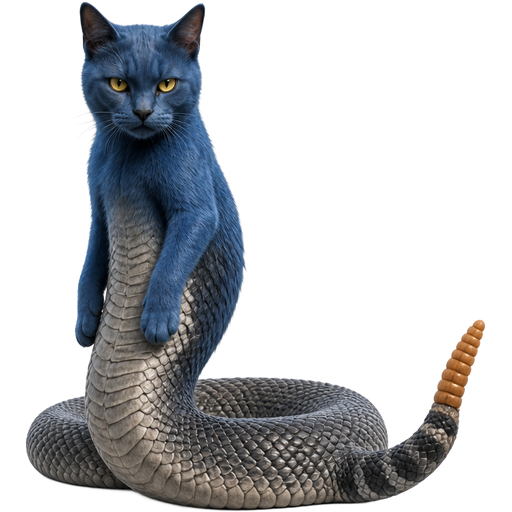 sorket the cat naga horror flim a blue cat with a long grey snake body with an orange rattlesnake tail