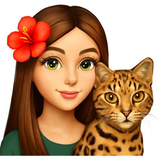 A Girl with straight brown Long hair and green eyes and beautiful lashes and a hawaii flower in her hair and she is with a cat that looks like a leopard
