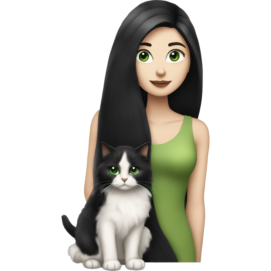 A white skinned woman with long straight black hair,and green eyes,she hold one beautiful ragdoll cat