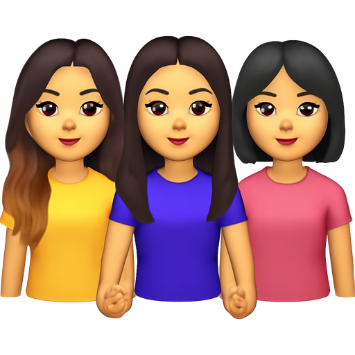 Three pretty Asian girls holding hands, one with a long brown balayage, one with long brown hair, one with medium length black hair