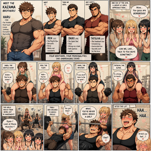 A Full Body Comic Book story view of a Bulky and hunky ANIME Cute Bara Man With Peach toned skin Who looks Normal and round facial Structure and Basic facial structure With Puffy and Big Pecs that are visible through the shirt and Biceps and Bandaid on his nose and Brown and fluffy hair. Wearing normal clothes. And the comic introduces each of his 3 Cute brothers each with different personalities, who are hunky and beefy and each hunkier as they get older and they talk to girls at all because a group of girls goes up to her and they flirt with them when the girls blush really hard. And the girls called them gorgeous. And the girls Sit on the there shoulders while the guys workout and the girls blush a giggle and the guys says what you’ve never seen I got a benchpress a girl. And that guy sits up after benchpress, panting and drenched in sweat with his tongue out looking really dreamy