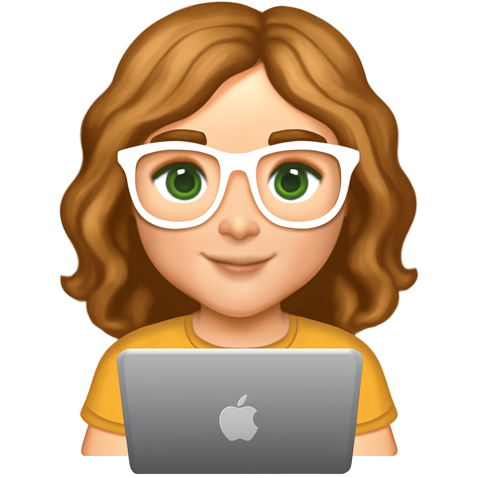 A girl with wavy blonde brown hair, green eyes and fair skin wearing white glasses working on her MacBook