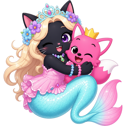 black cat with light yellow hair purple and blue flowers light cyan crown purple and green necklace pink and blue bracelets pink dress attached to long light cyan mermaid tail with pink tail fins hug coils around pinkfong