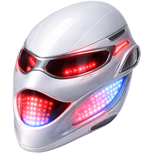 Realistic SHARK-style LED light therapy mask, rigid and futuristic curved design, smooth glossy surface with subtle reflections, built-in LED panels glowing soft red, blue, and near-infrared tones, high-quality detailing on edges and vents, depth and contours emphasized with soft ambient lighting