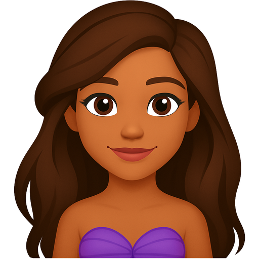 Create a tanned light skinned girl in the style of Ariel from the little mermaid with long brunette hair and brown eyes