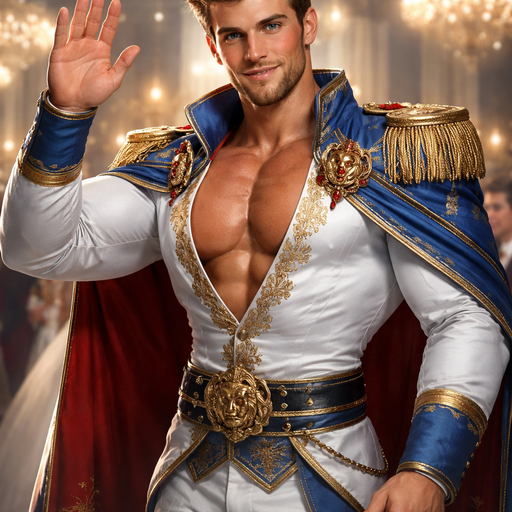 A Real life Full Body Image of a Hunky and Muscular, Handsome and Masculine Prince with Brown Spiked hair and Blue eyes and with Chunky Arms and Pecs and Very Stocky Body. Wearing A Prince Cloths that show his Pecs are. Sunburned under his eyes. Waving at you at a Grand Ball