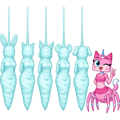 wrapped up and mummified fully covered in a #B8FFFF spider slik cocoon shaped like anthro female rabbit anthro arms behind back with #B8FFFF spider slik wrappings completely covered with thick layers non-transparent #B8FFFF spider slik wrappings hanging on ceiling on left side next to wrapped up and mummified fully covered in a #B8FFFF spider slik cocoon shaped like anthro female cat anthro arms behind back with #B8FFFF spider slik wrappings completely covered with thick layers non-transparent #B8FFFF spider slik wrappings hanging on ceiling on left side next to wrapped up and mummified fully covered in a #B8FFFF spider slik cocoon shaped like anthro female fox anthro arms behind back with #B8FFFF spider slik wrappings completely covered with thick layers non-transparent #B8FFFF spider slik wrappings hanging on ceiling on left side next to wrapped up and mummified fully covered in a #B8FFFF spider slik cocoon shaped like anthro female mouse anthro arms behind back with #B8FFFF spider slik wrappings completely covered with thick layers non-transparent #B8FFFF spider slik wrappings hanging on ceiling on left side next to wrapped up and mummified fully covered in a #B8FFFF spider slik cocoon shaped like anthro female puppy anthro arms behind back with #B8FFFF spider slik wrappings completely covered with thick layers non-transparent #B8FFFF spider slik wrappings hanging on ceiling on left side next to an anthro femboy male pink cat drider hybrid doing victory sign smiling based on unikitty